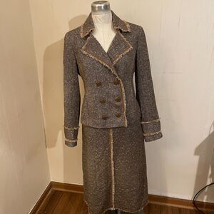 DONCASTER SKIRT SUIT Herringbone Silk Blend Tweed Fringed Midi sz 6